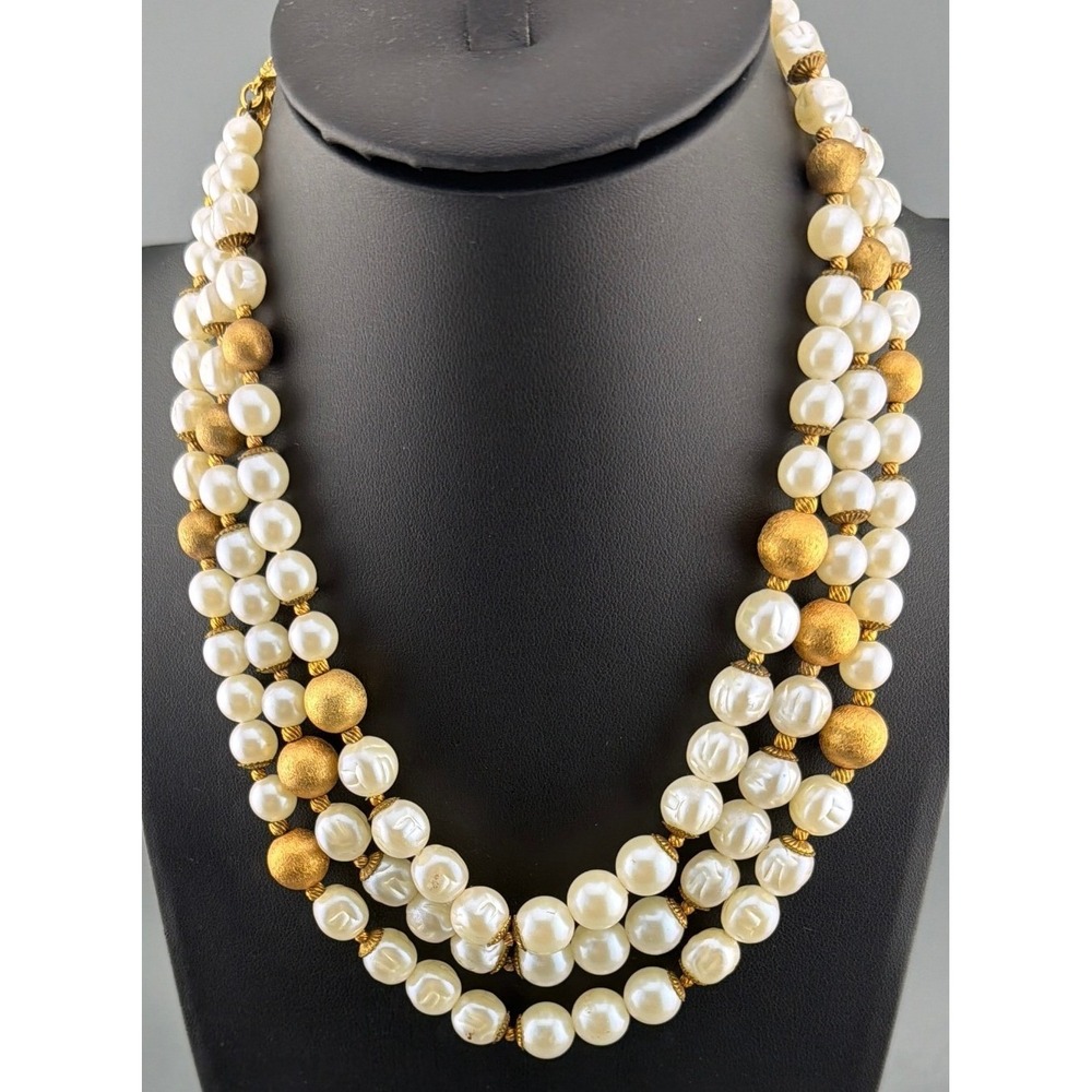 Vintage Hattie Carnegie Necklace Triple Strand Faux Pearl Gold Tone Bead 16-18"
